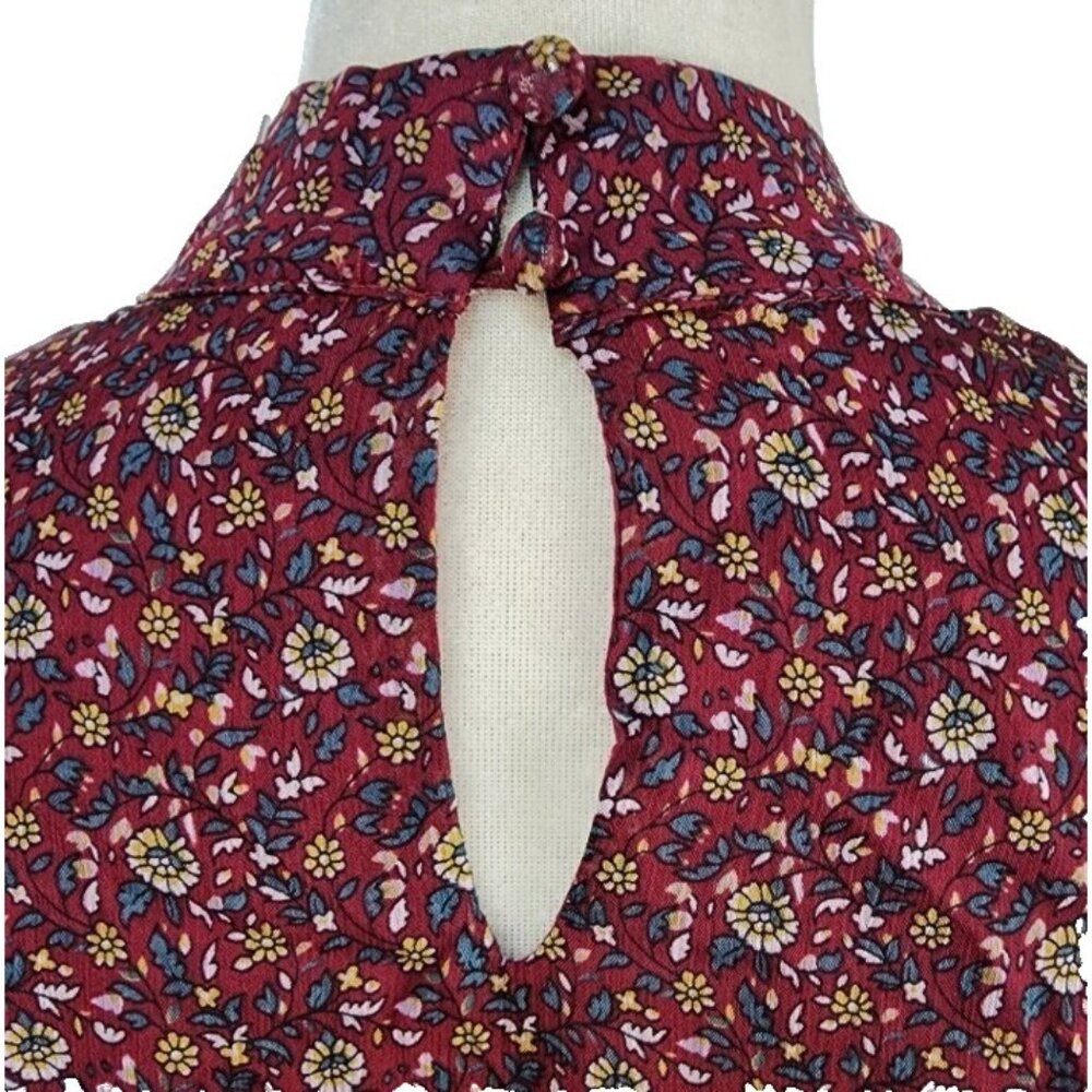 Blush Noir Women’s Floral Sheer Lined Ruffle Blouse Sz Large Burgundy Neck Bib - Picture 6 of 12